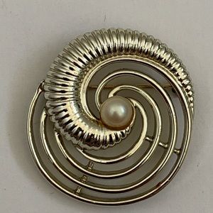 Marboux Silver Tone Spiral Swirl Brooch signed Faux Pearl Vintage